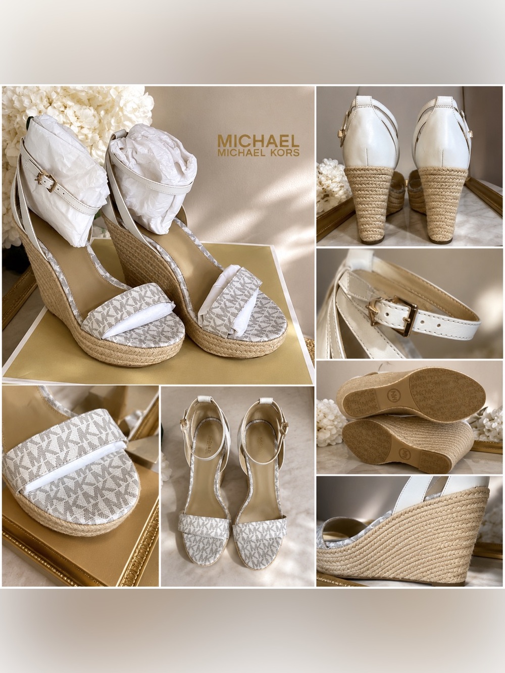 Michael Kors MK Logo Espadrille Wedge Sandals Vanilla/White Size 11 NIB
